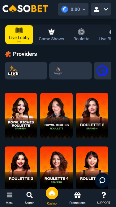 Casobet Casino Live-Dealer Mobile-Version