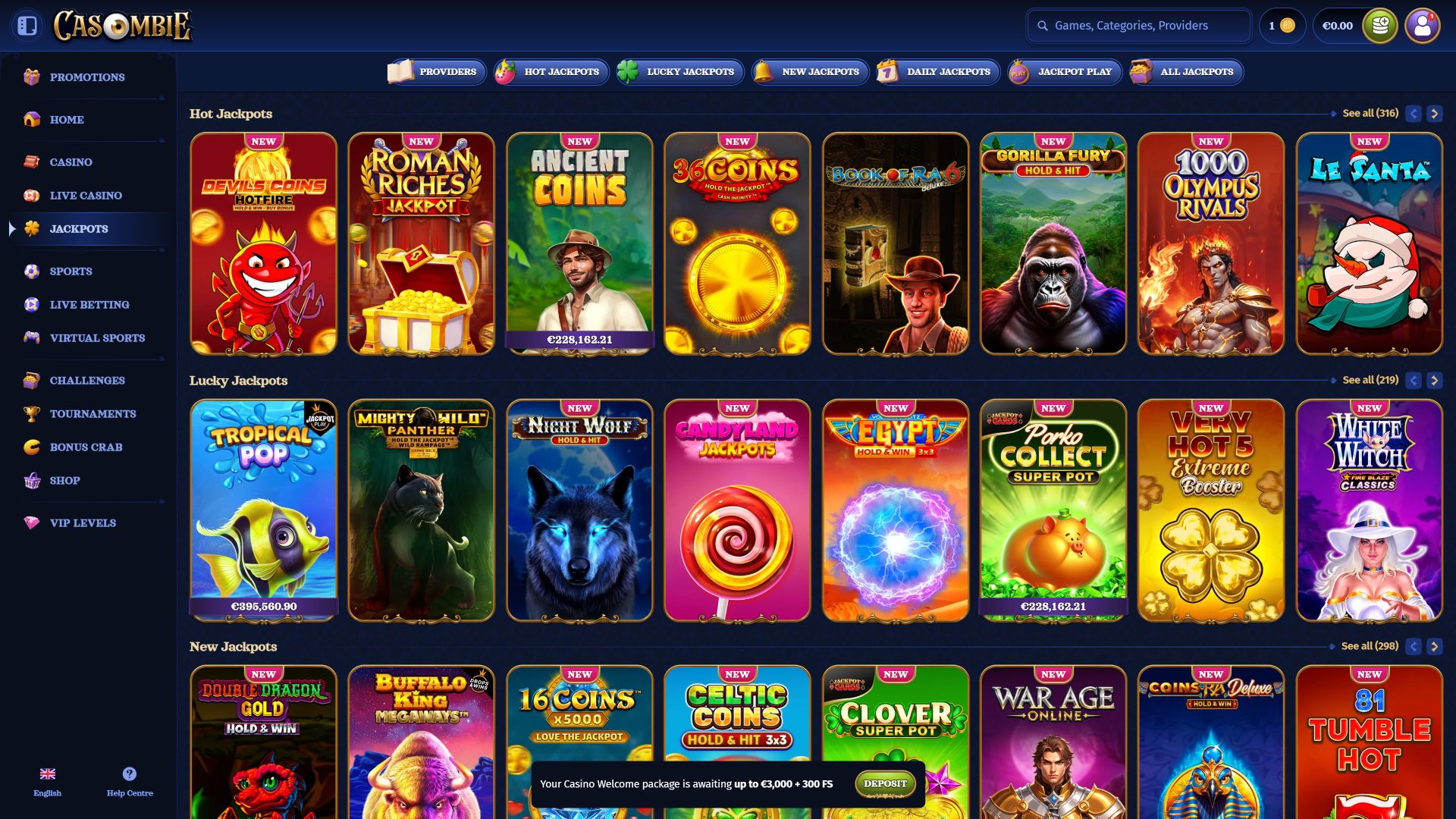 Casombie Casino Desktop Jackpot Image