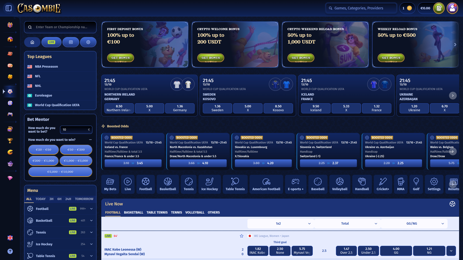 Sports en direct du casino Casombie version de bureau