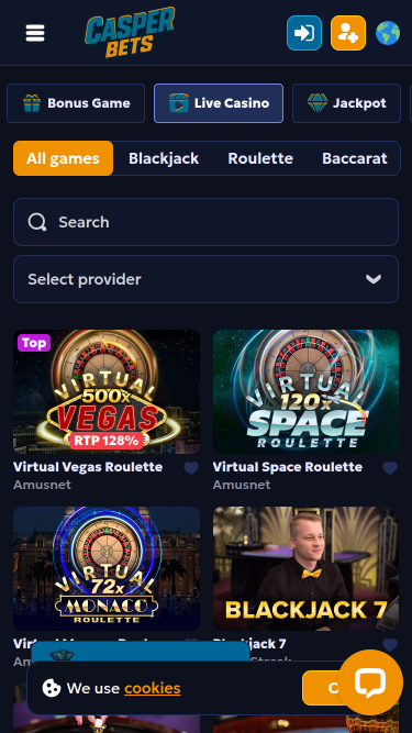Casper Bets Casino Mobile Live Dealer