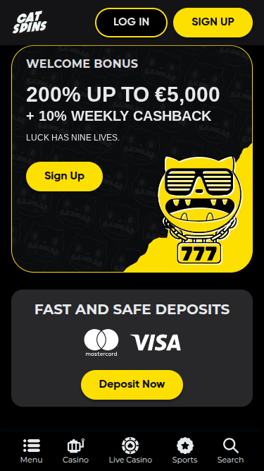 Screenshot der Startseite von Cat Spins Casino für Mobilgeräte