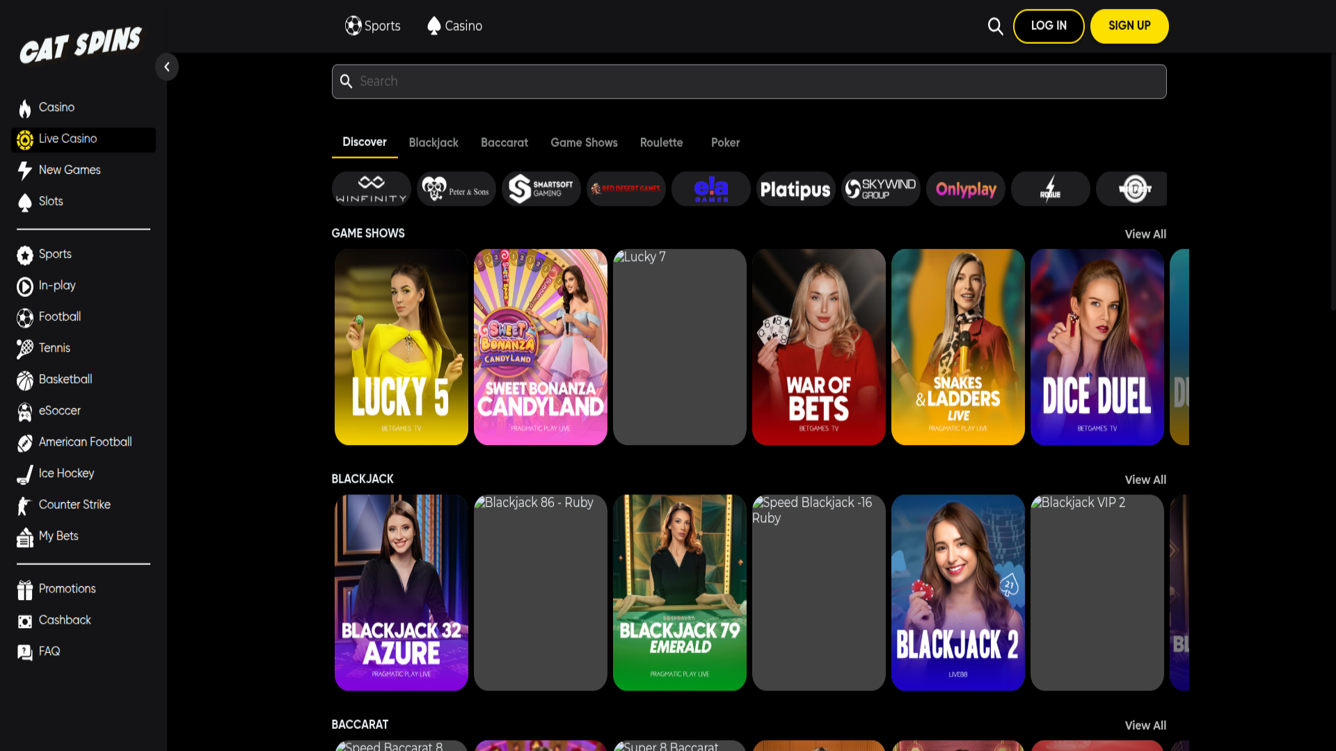 Live-Dealer-Screenshot von Cat Spins Casino für Desktop