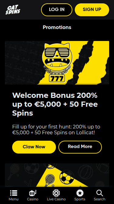 Screenshot der Werbeaktionen von Cat Spins Casino für Mobilgeräte