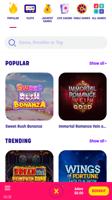 Jeux du Casino Caxino Mobile