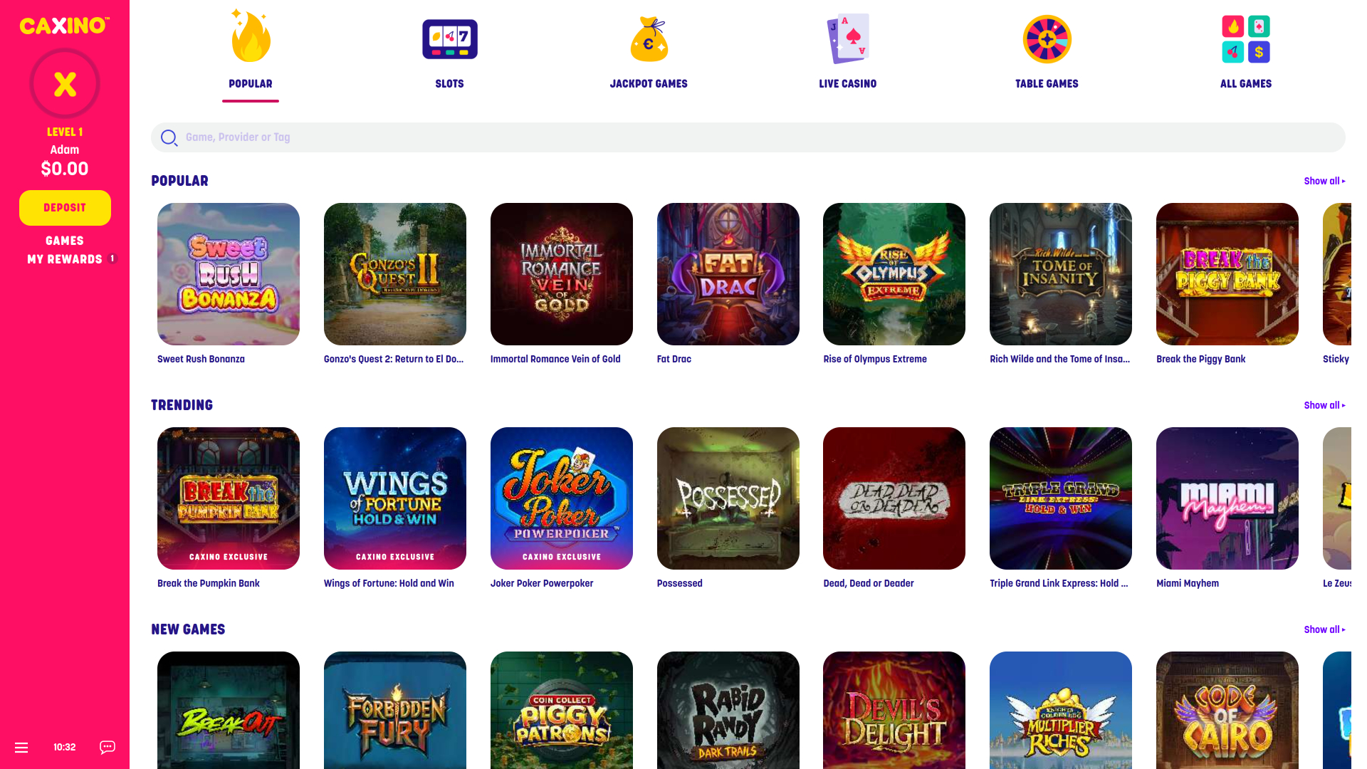 Page d’Accueil du Casino Caxino Version Bureau