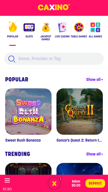 Page d’Accueil du Casino Caxino Mobile