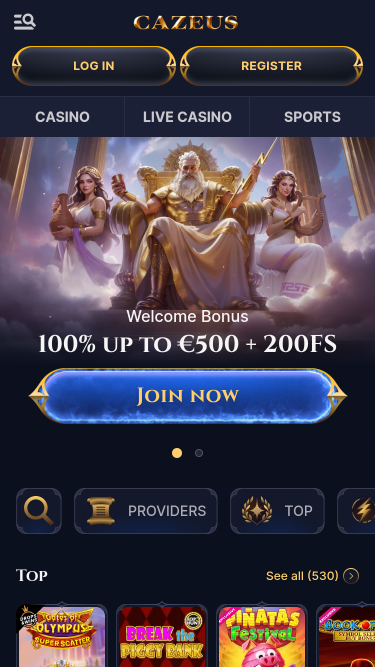 Page d’accueil du casino Cazeus Mobile