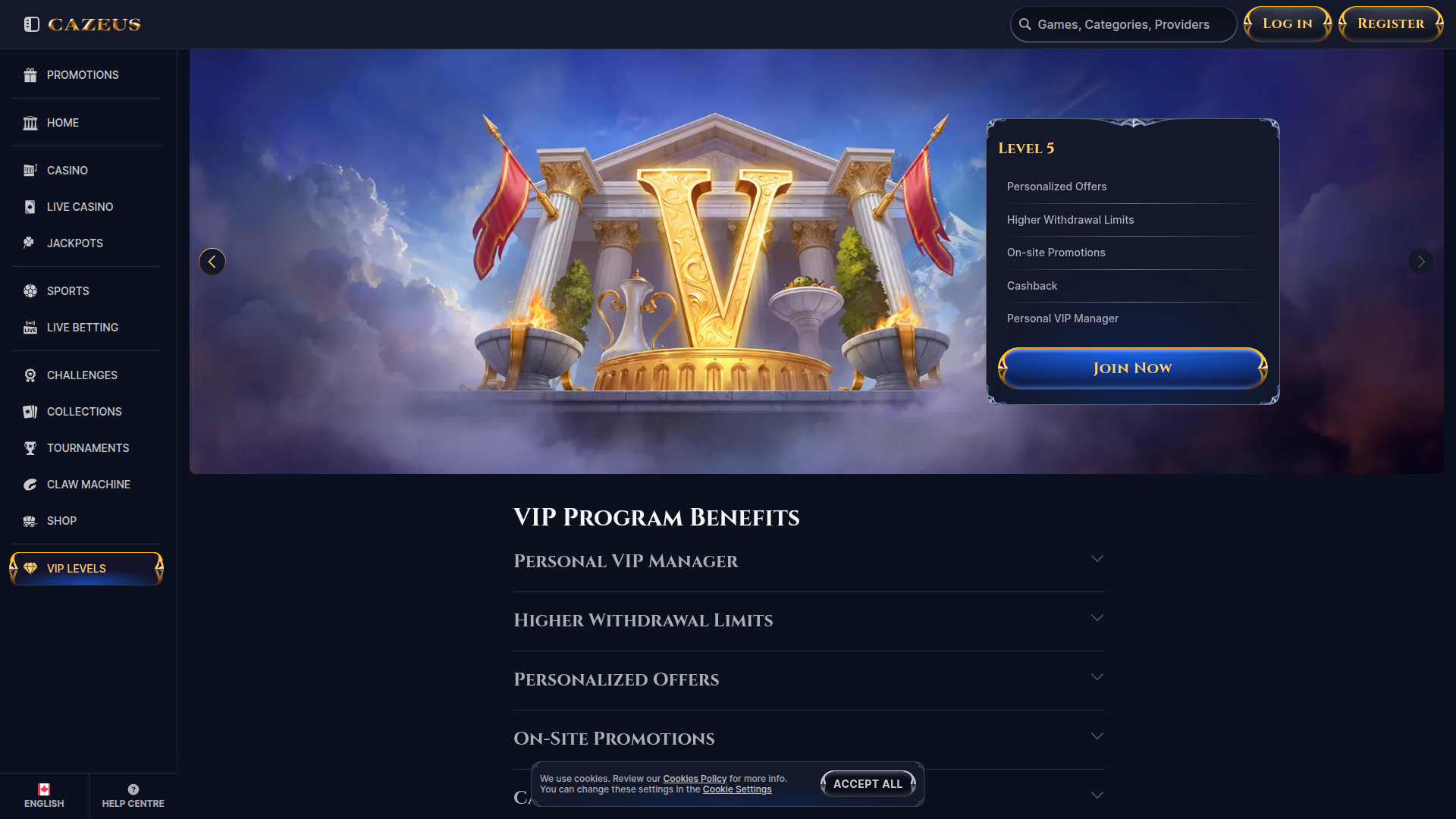Programme VIP de bureau CaZeus Casino
