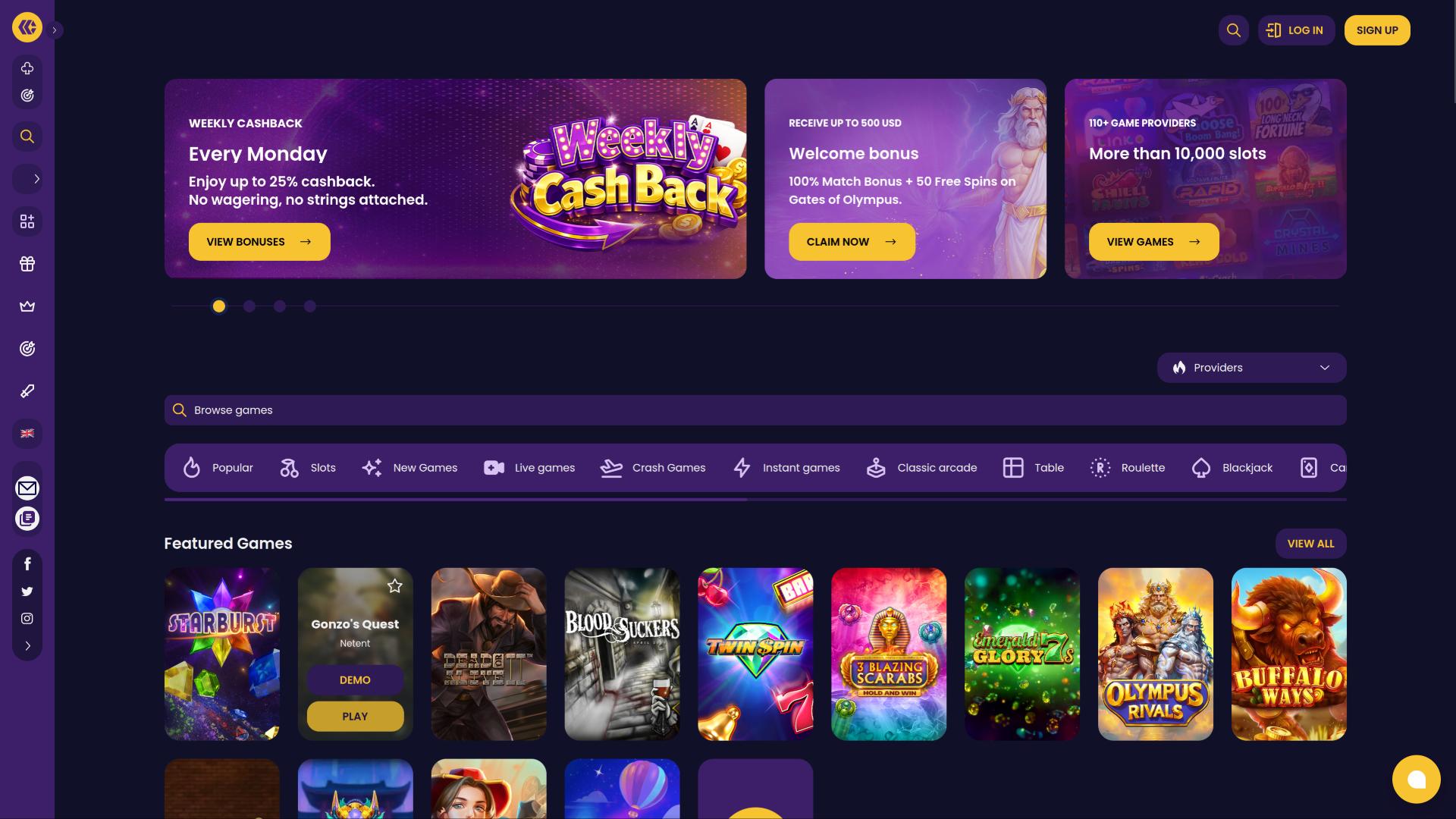 Página principal del casino CazzyGames