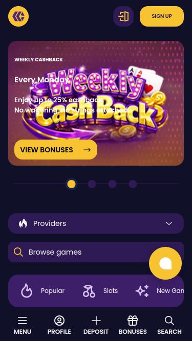Página principal móvil del casino CazzyGames