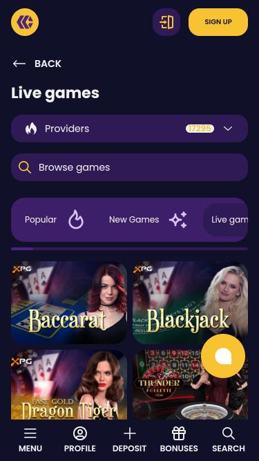 Página móvil del casino CazzyGames con crupier en vivo