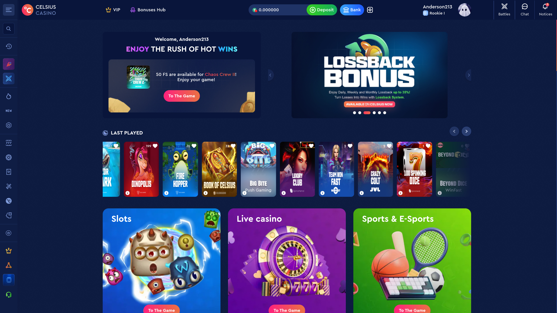 Pagina principale del Celsius Casino Desktop