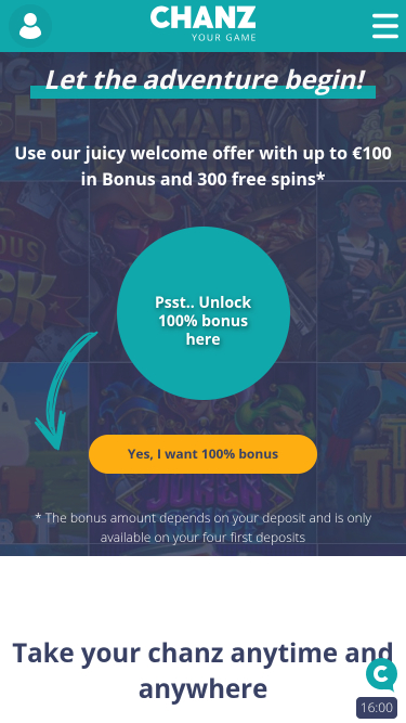 Page d’accueil du casino Chanz Mobile