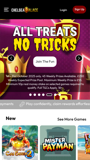 Page d’accueil de Chelsea Palace Casino mobile