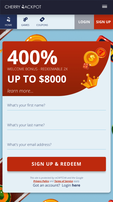 Page d’accueil de Cherry Jackpot Casino mobile