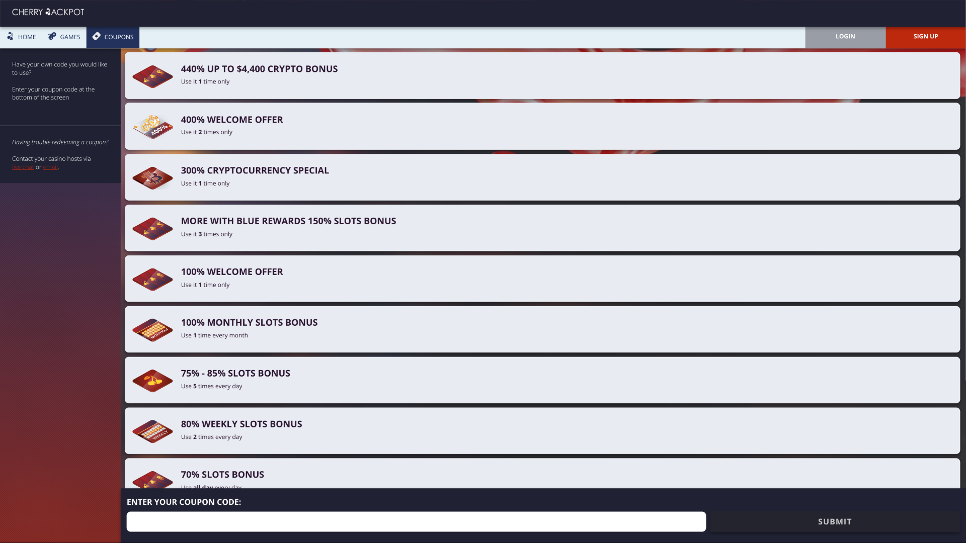 Promotions de Cherry Jackpot Casino bureau