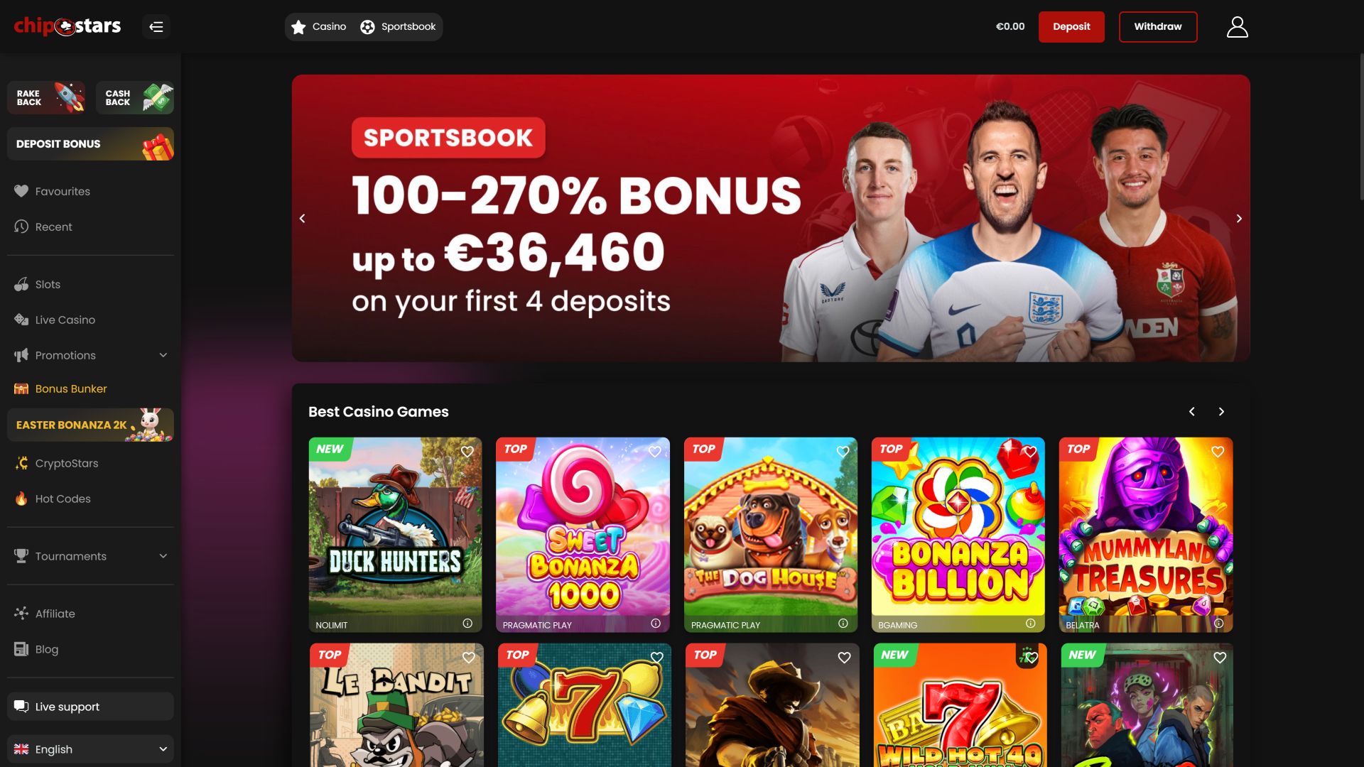 Главная страница Chipstars.bet для ПК