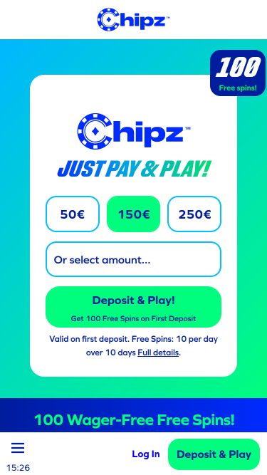 Página principal de Chipz en móvil