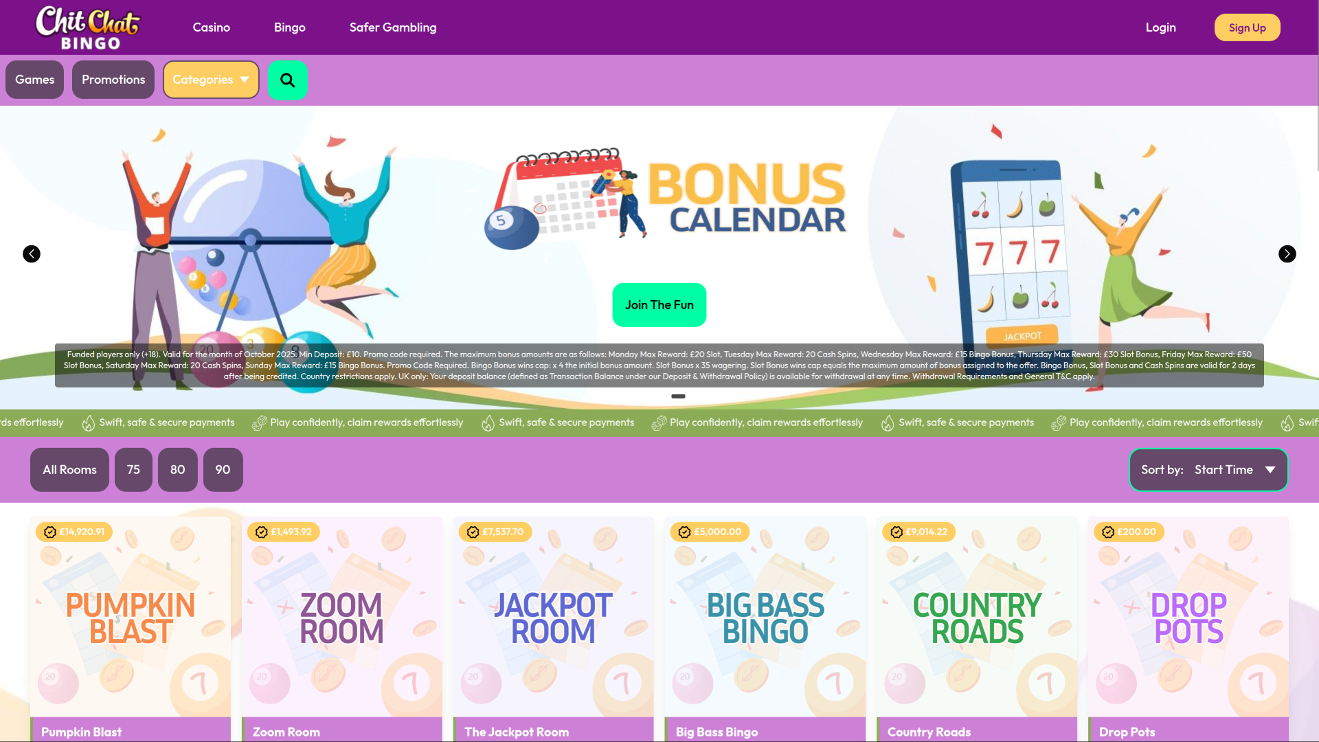 Page d’accueil de Chitchat Bingo sur ordinateur