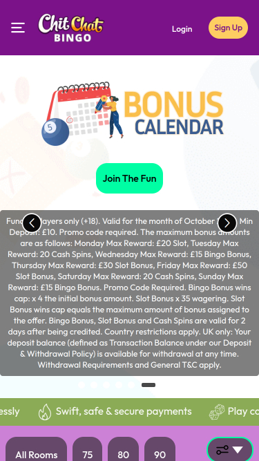 Page d’accueil mobile de Chitchat Bingo