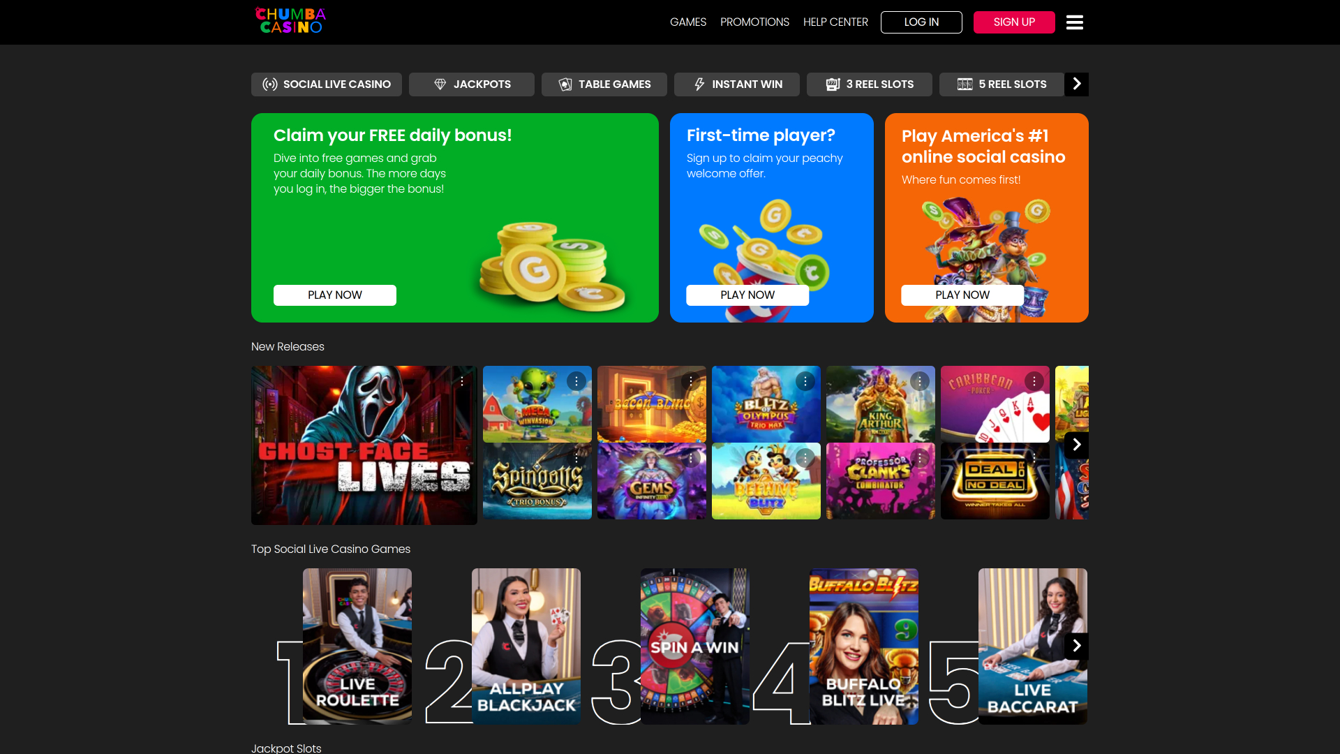 Page d’accueil du Chumba Casino Version de bureau