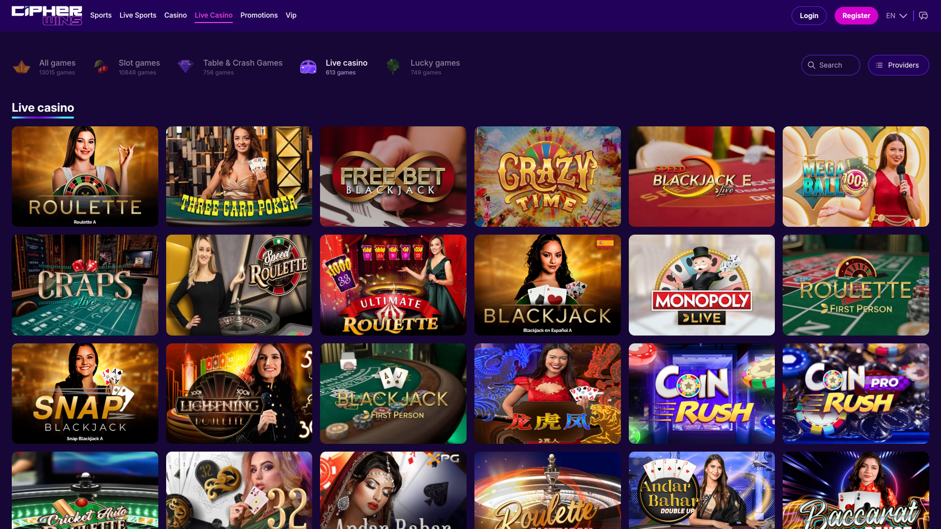 Casinò dal vivo CipherWins Versione desktop