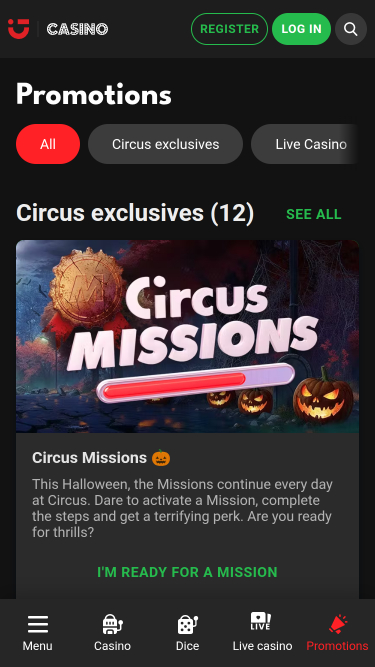 Promotions du Circus.be Casino Version mobile