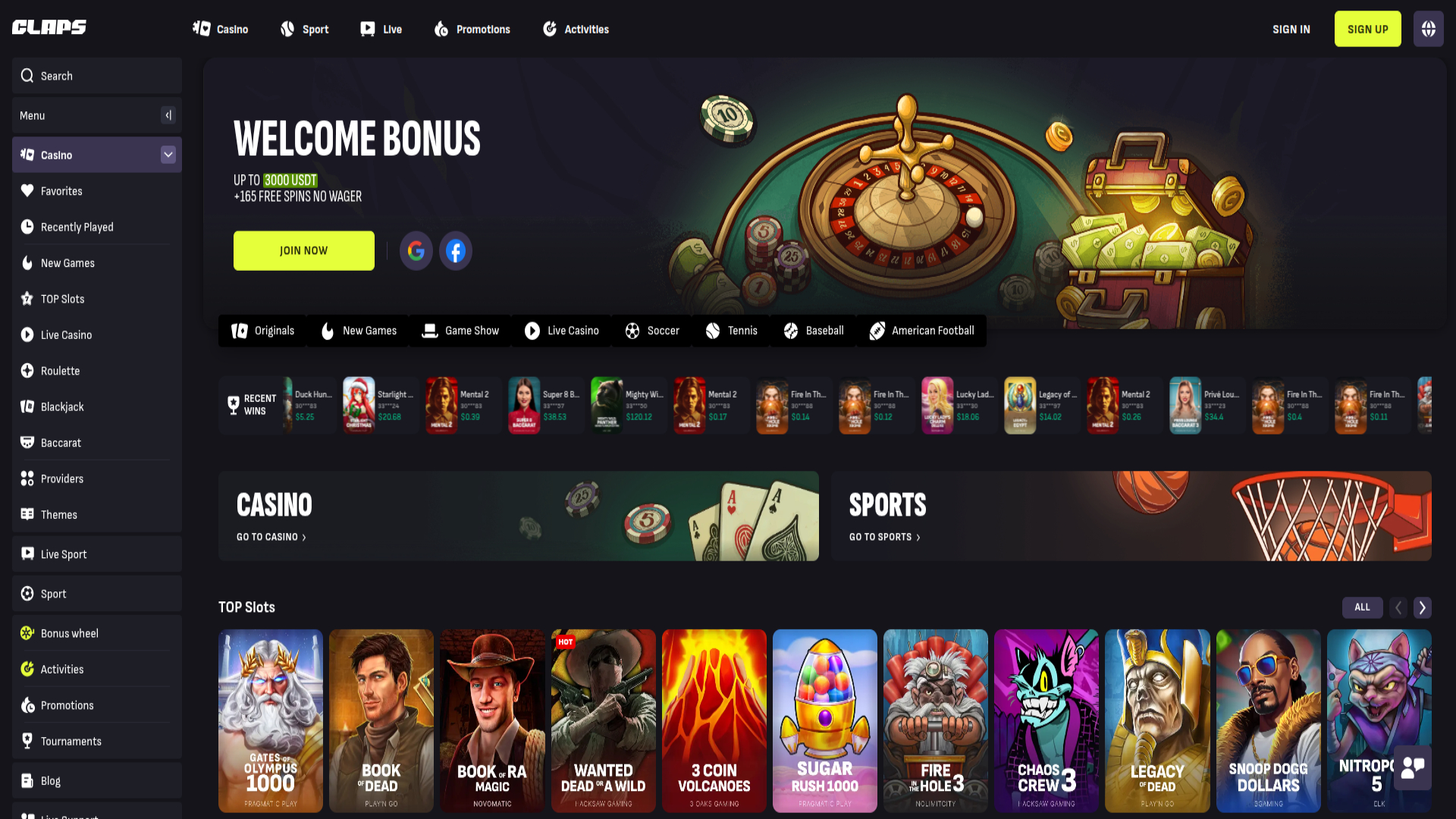 Screenshot della homepage di Claps Casino per desktop