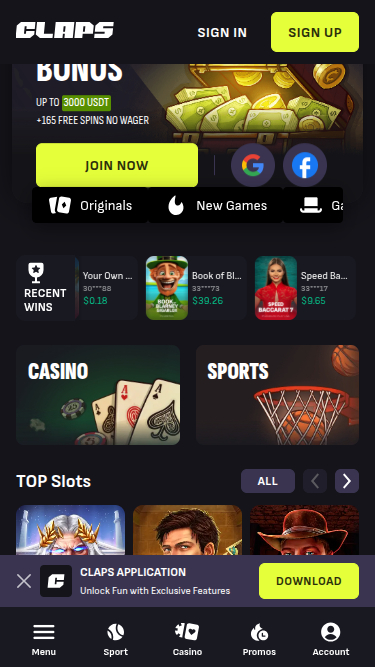 Screenshot della homepage di Claps Casino per dispositivi mobili