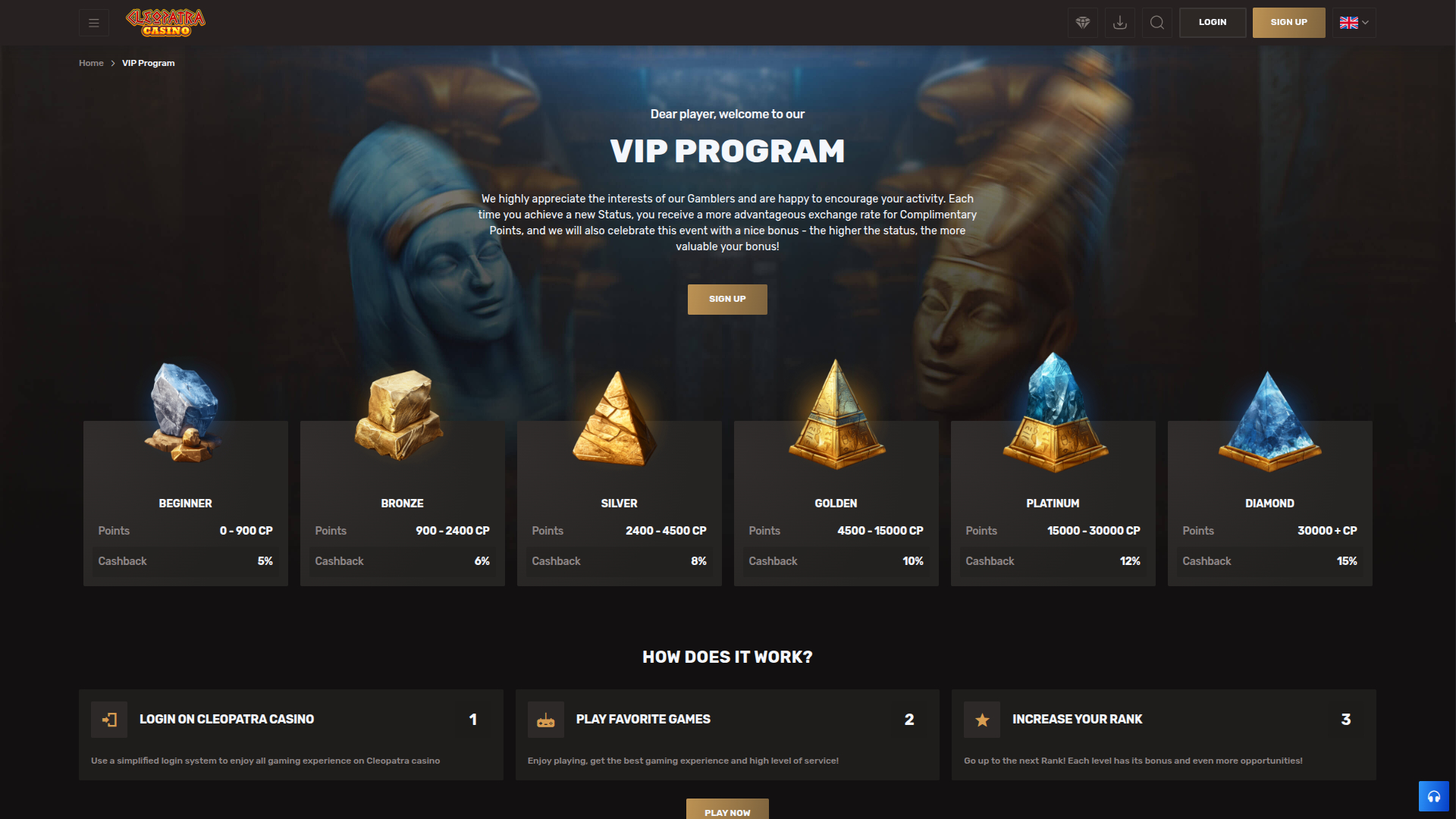 Programme VIP de bureau Cleopatra Casino