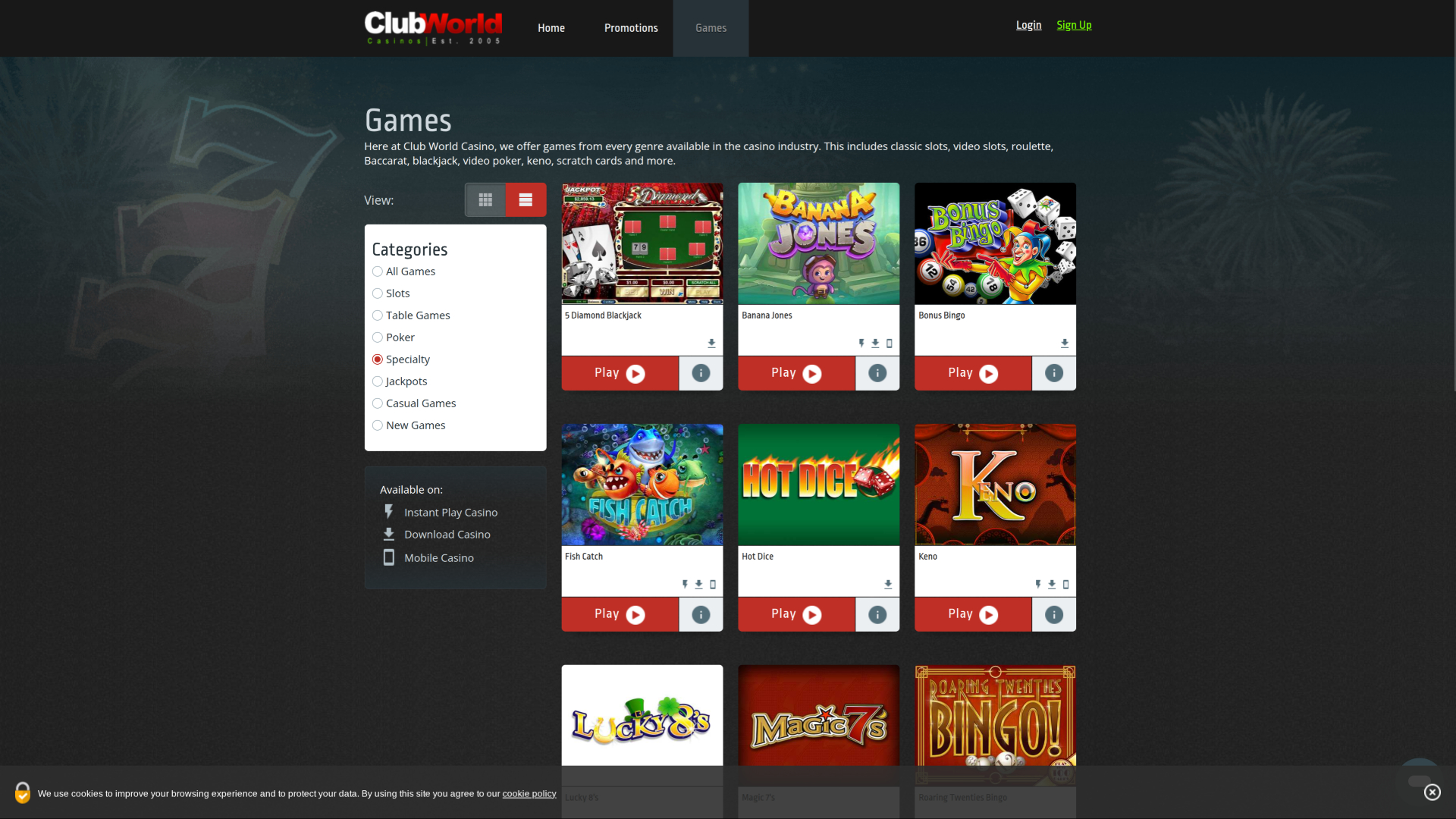 Jeux spéciaux de bureau du Club World Casino