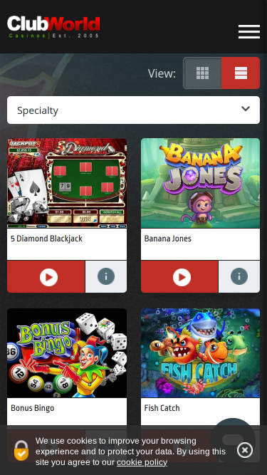 Jeux spéciaux mobiles du Club World Casino