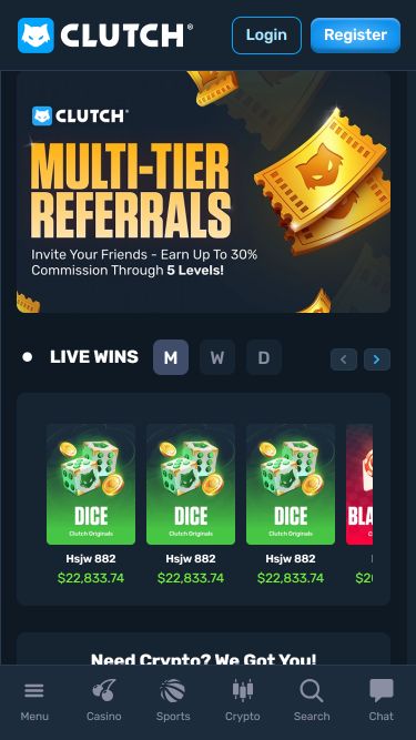 Clutch Casino Mobile Homepage