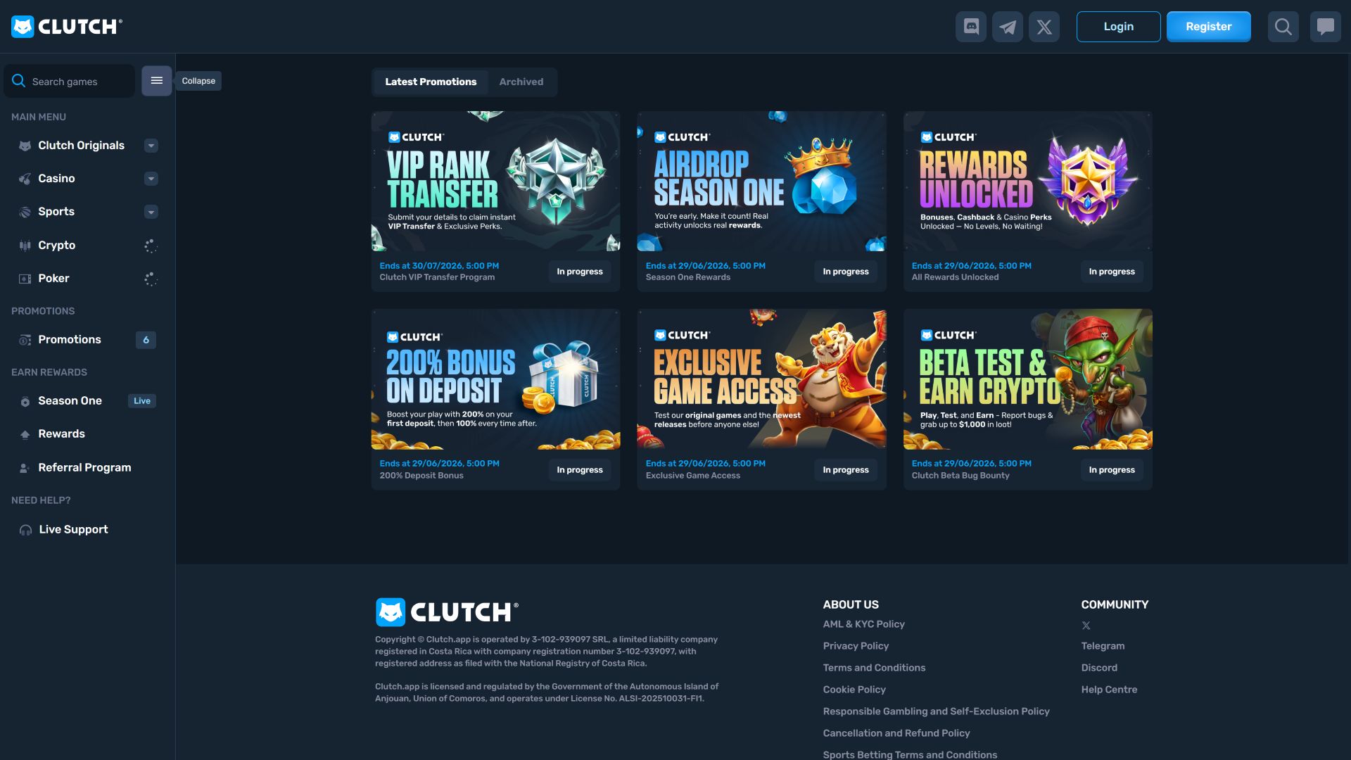 Clutch Casino Desktop-Aktionen