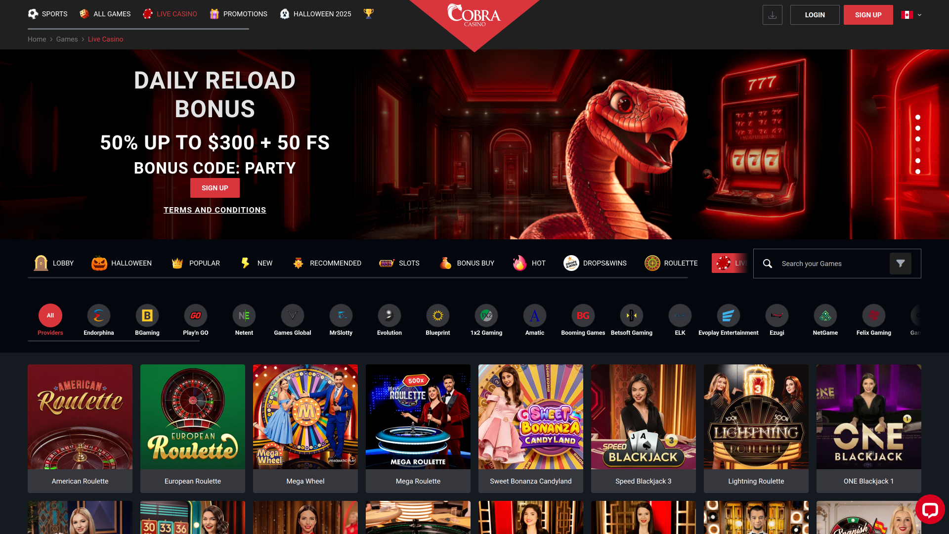 Cobra Casino Live Dealer Desktop