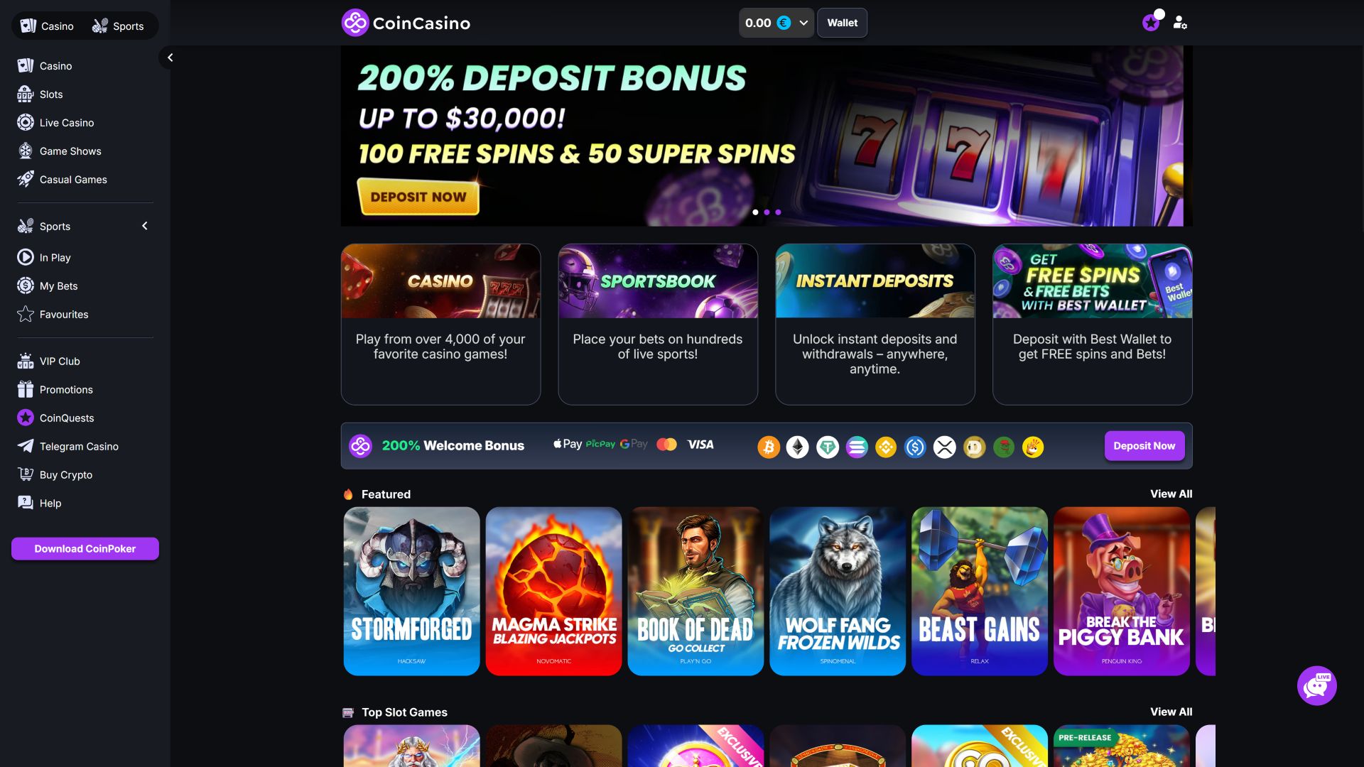 Page d'accueil de CoinCasino pour ordinateur