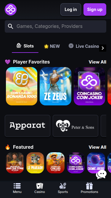 Screenshot della homepage di CoinCasino per dispositivi mobili