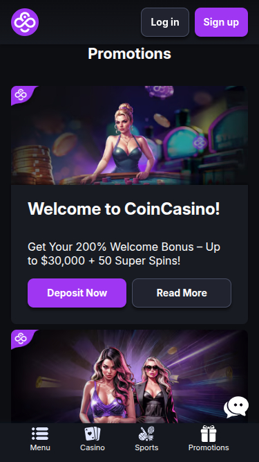 Screenshot delle promozioni di CoinCasino per dispositivi mobili