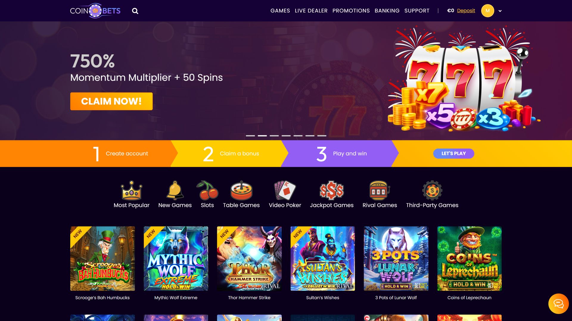 Imagen de escritorio de la página de inicio del casino CoinBets777