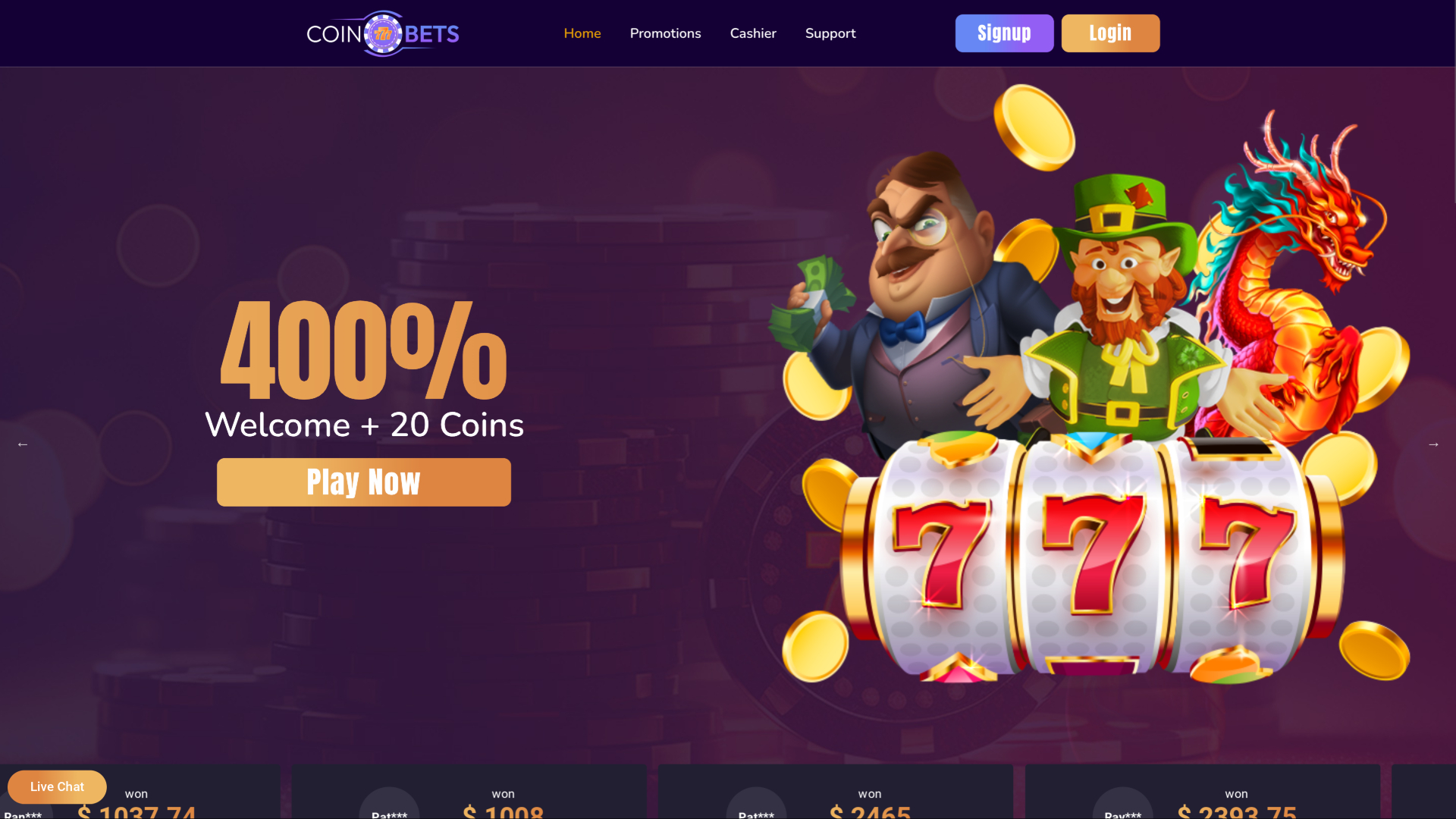 Page d’accueil du casino CoinBets777 sur ordinateur