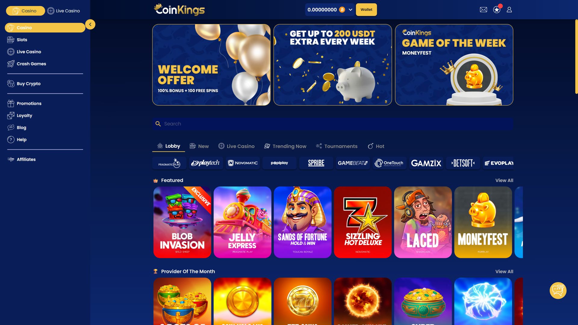 Page d'accueil du casino Coinkings pour ordinateur