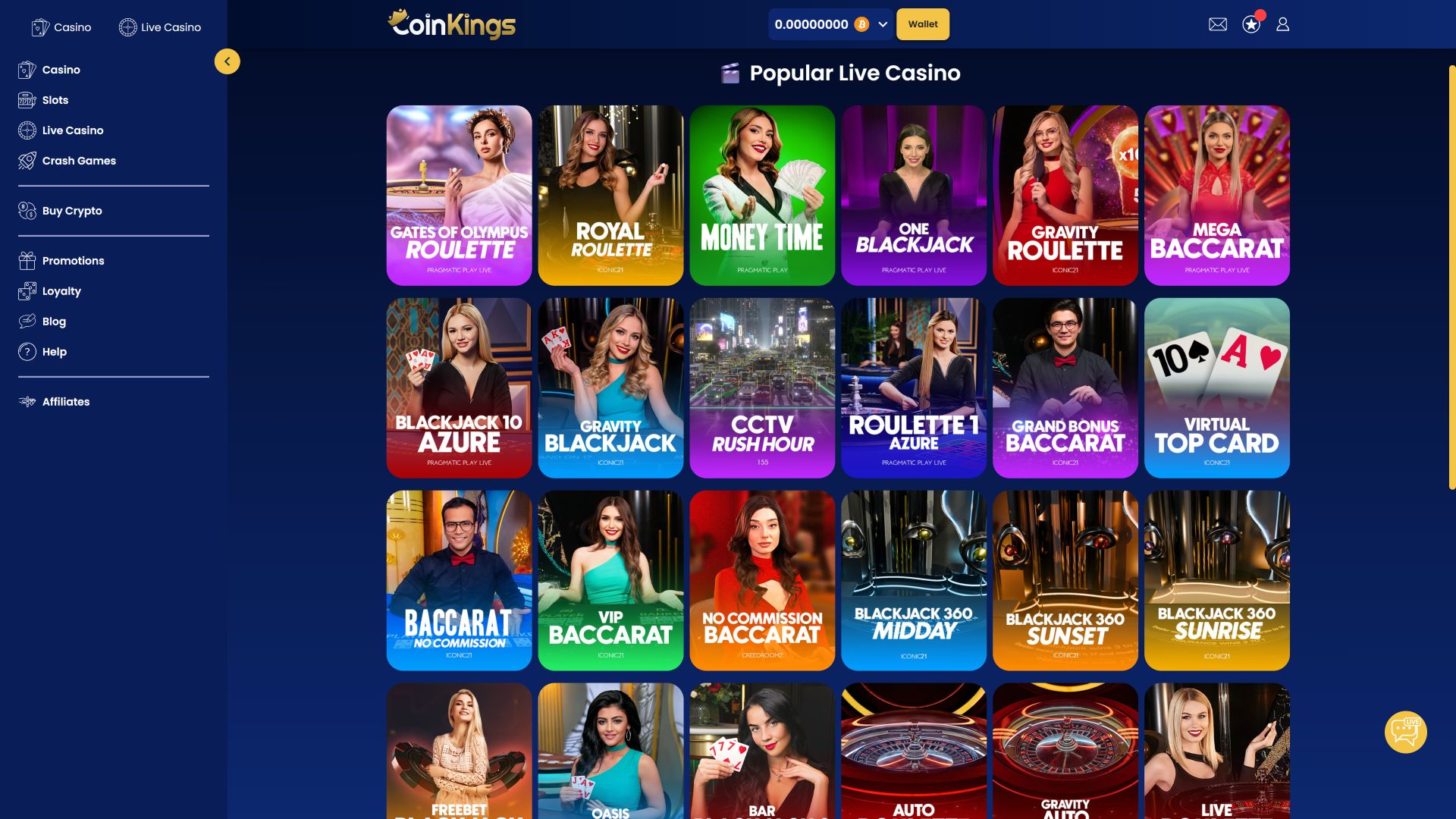 Casino Coinkings pour ordinateur avec croupier en direct