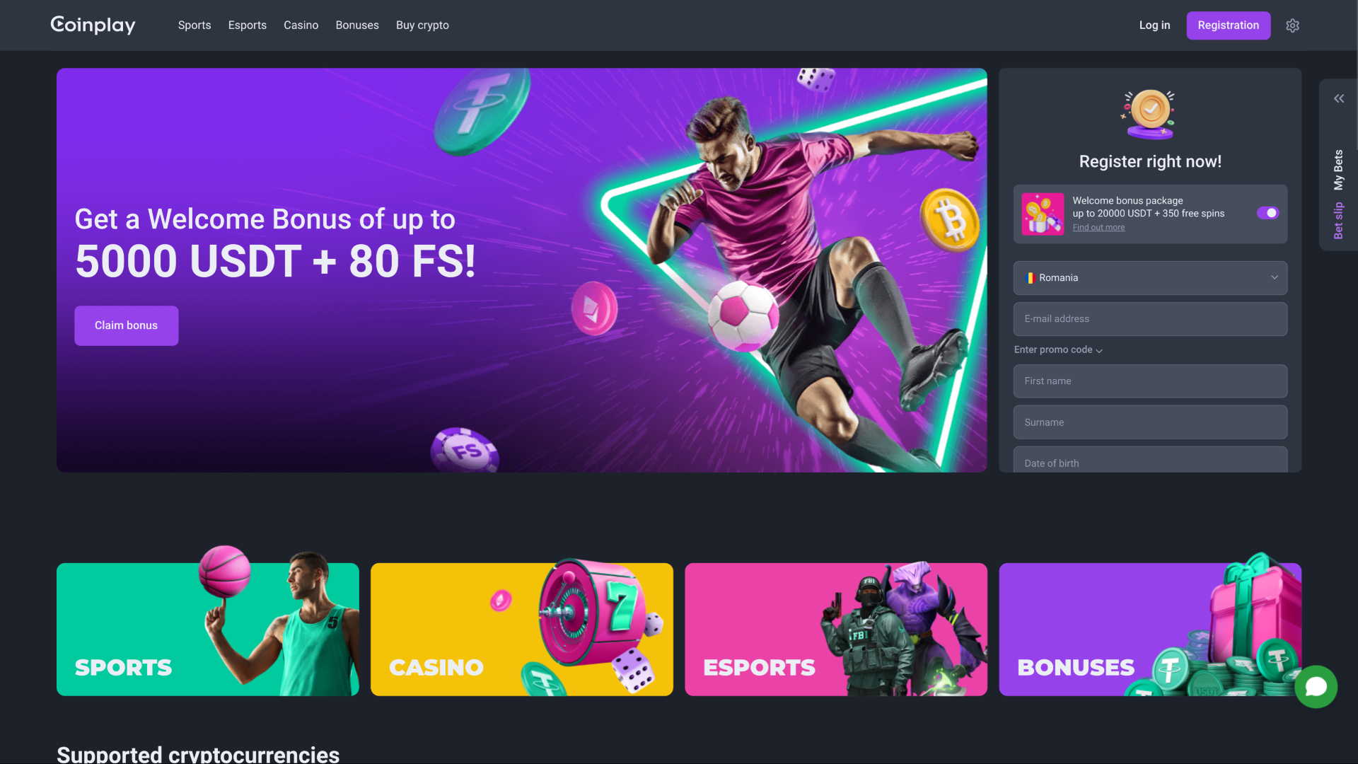 Page d’accueil du casino Coinplay sur ordinateur