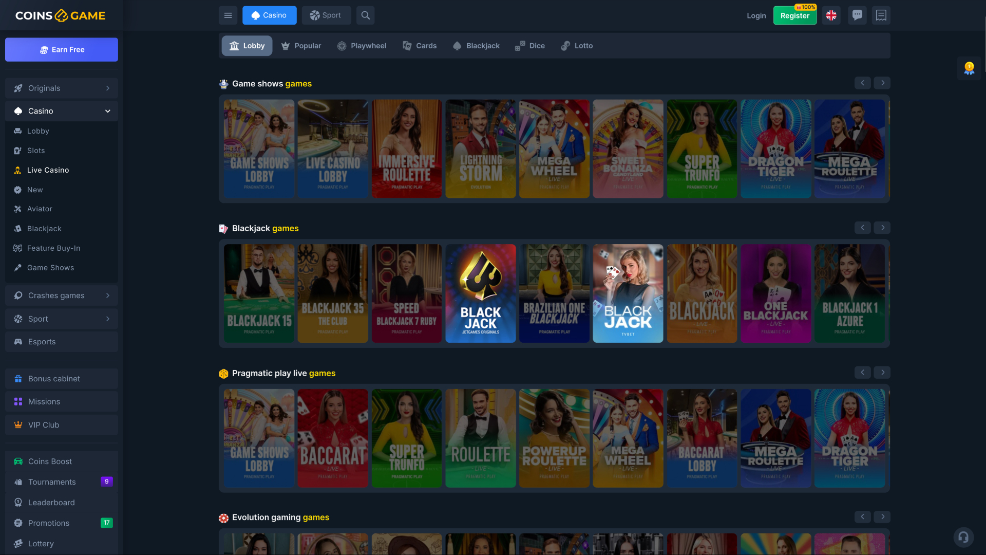 Croupier en direct du casino Coins Game sur ordinateur