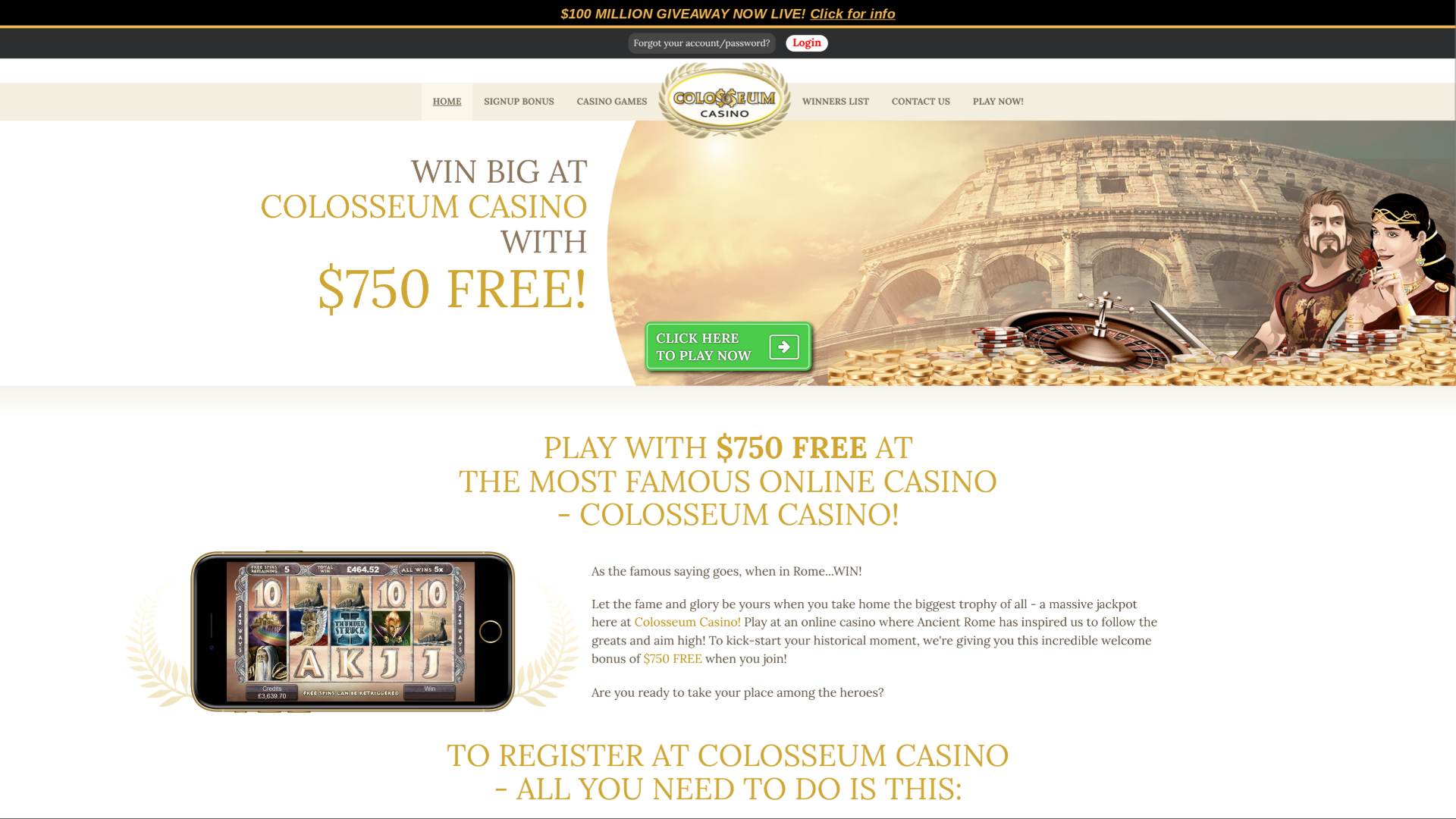 Page d’accueil du casino Colosseum sur ordinateur