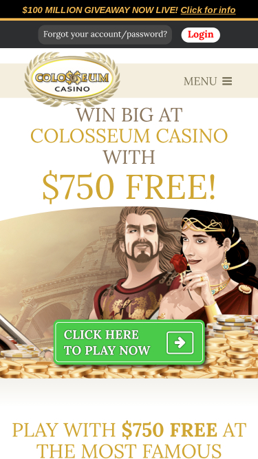 Page d’accueil du casino Colosseum sur mobile