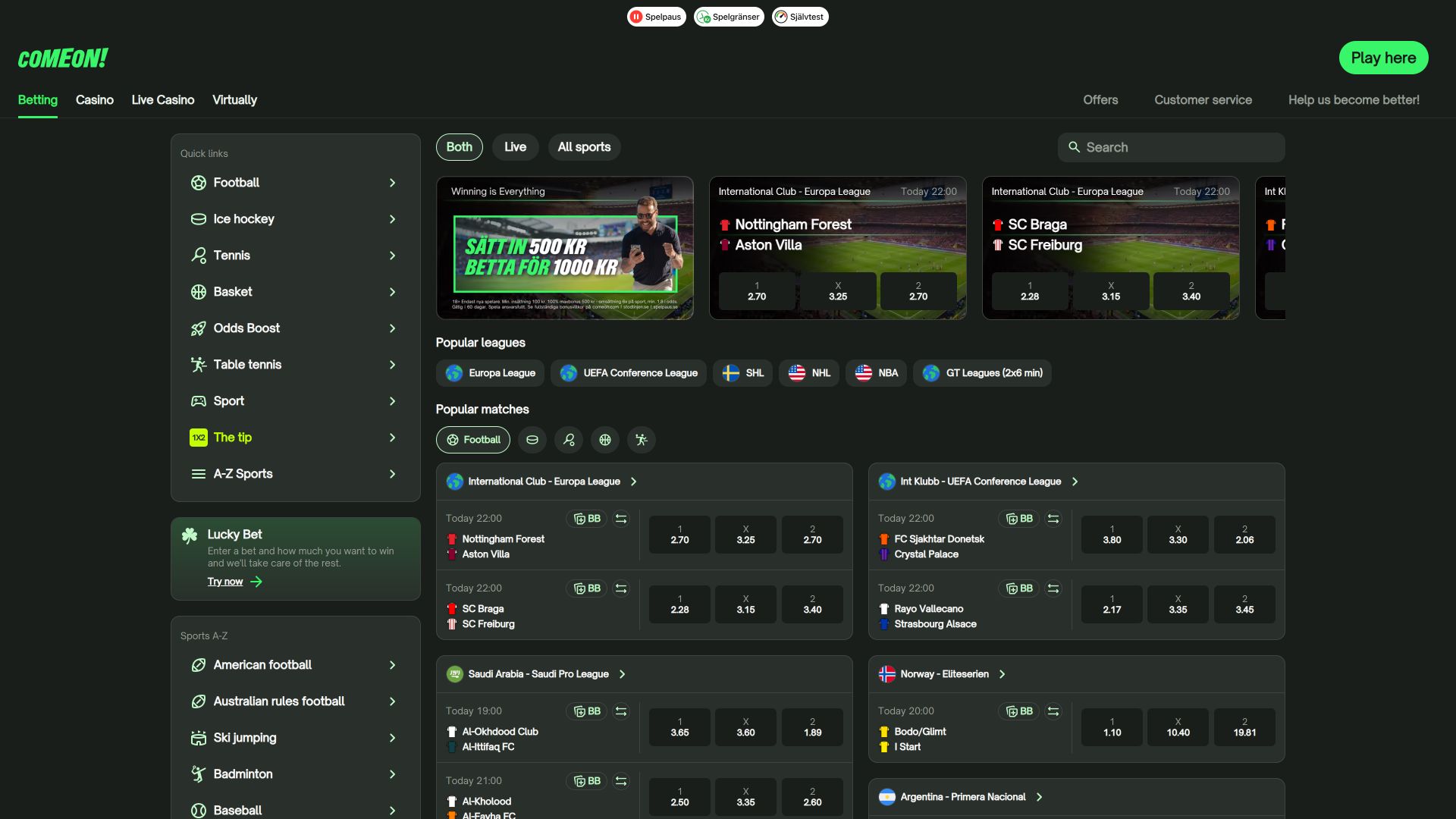 بث مباشر للرياضات عبر تطبيق ComeOn Casino Desktop
