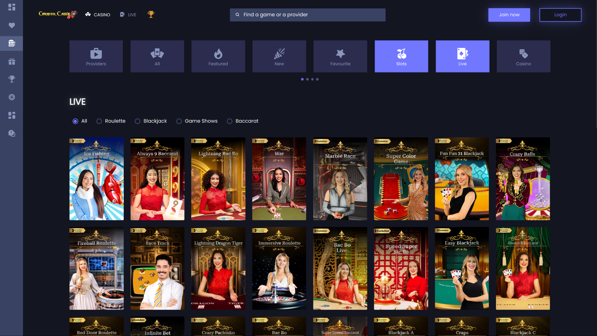 Casinò Conquer con croupier dal vivo su desktop