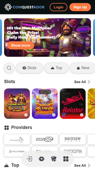 Page d'accueil mobile du casino Conquestador