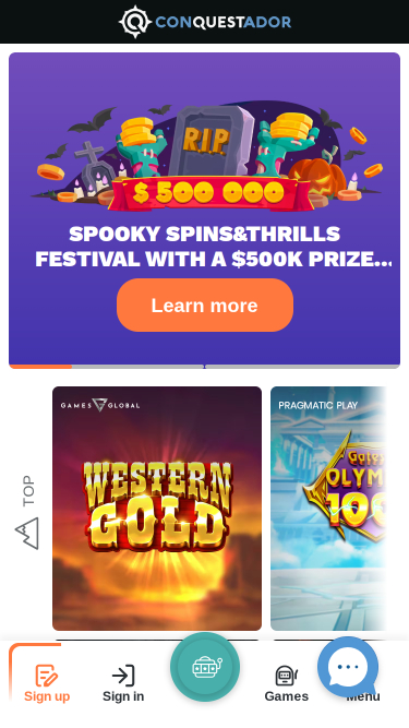 Page d’Accueil du Casino Conquestador Mobile